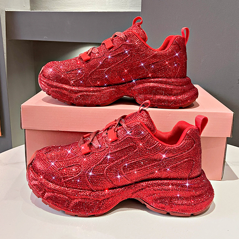 Youth Girls Chunky Crystal Sneakers Women Fashion Casual Breathable Height Increased Flat Platform Bg Shoes Footwear