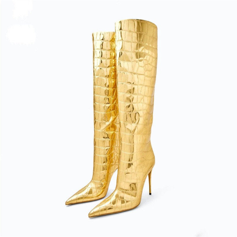Pointed Thin Heel Leopard Print Long Boots for Women's Fashionable Sexy Mixed Color Knee High Boots Large Size 43 Women's Shoes