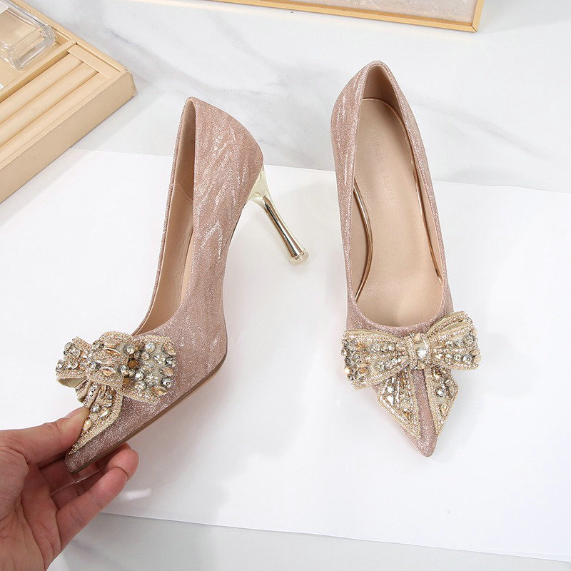 2025 new Spring New Bride Pumps Glass Slipper Princess Adult Bow High Heels Wedding Shoes Woman 70e4