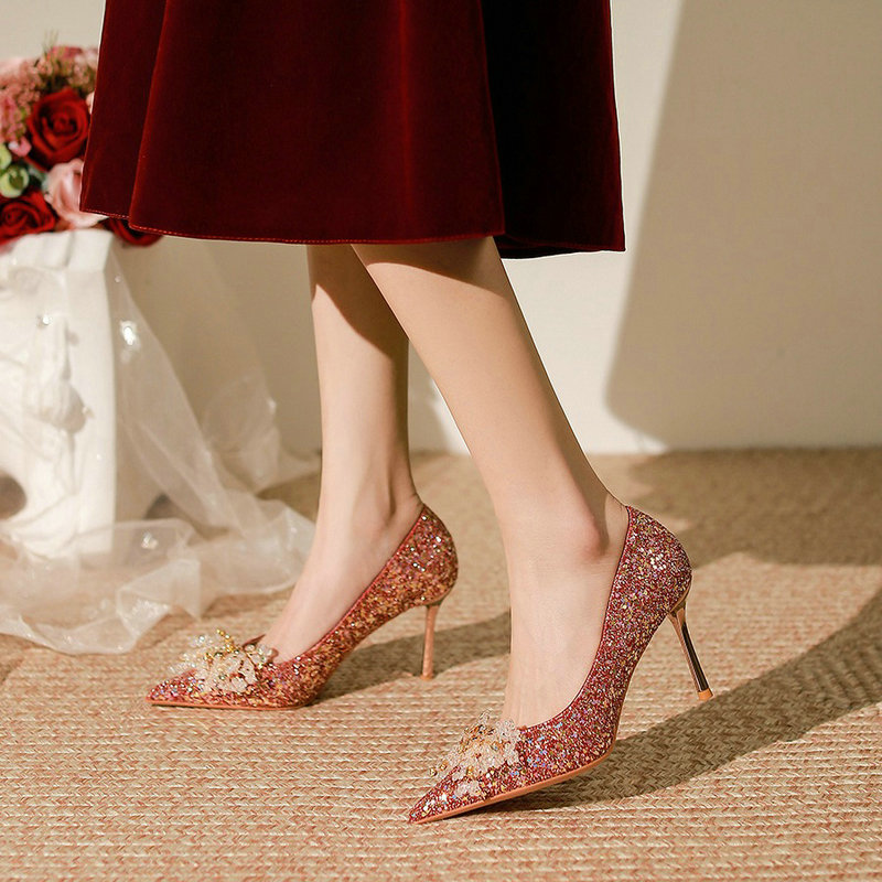 2024 New Elegant High-Grade Wedding Shoes Women French Fine Heel Bride Shoes Red High Heels