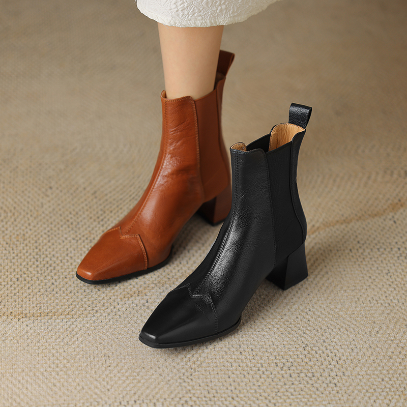 2024 Genuine Leather Winter Women Shoes Square Toe Chunky Heel Fashion Retro Ankle Boots Handmade 60fe