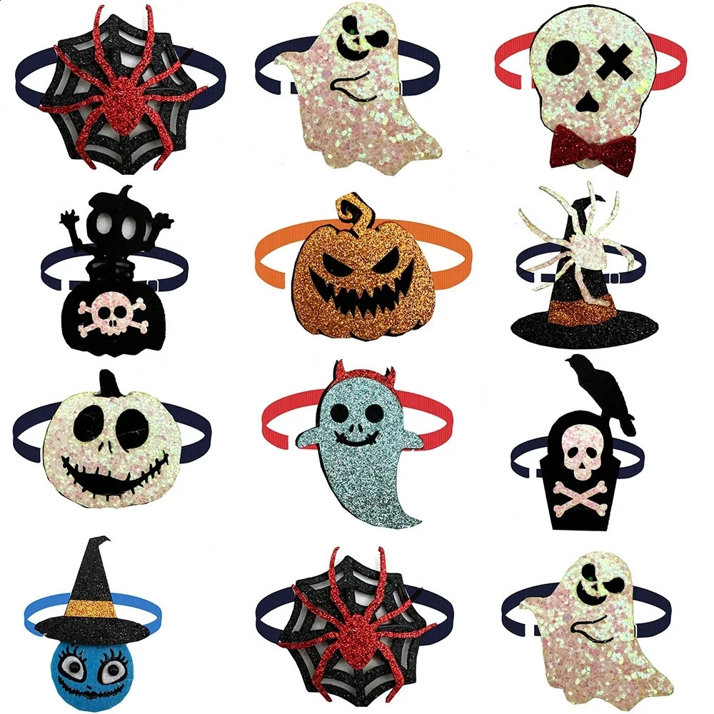 50 Halloween mixed color dog bow ties puppy pet necklaces skull pumpkin style pet grooming accessories 240914