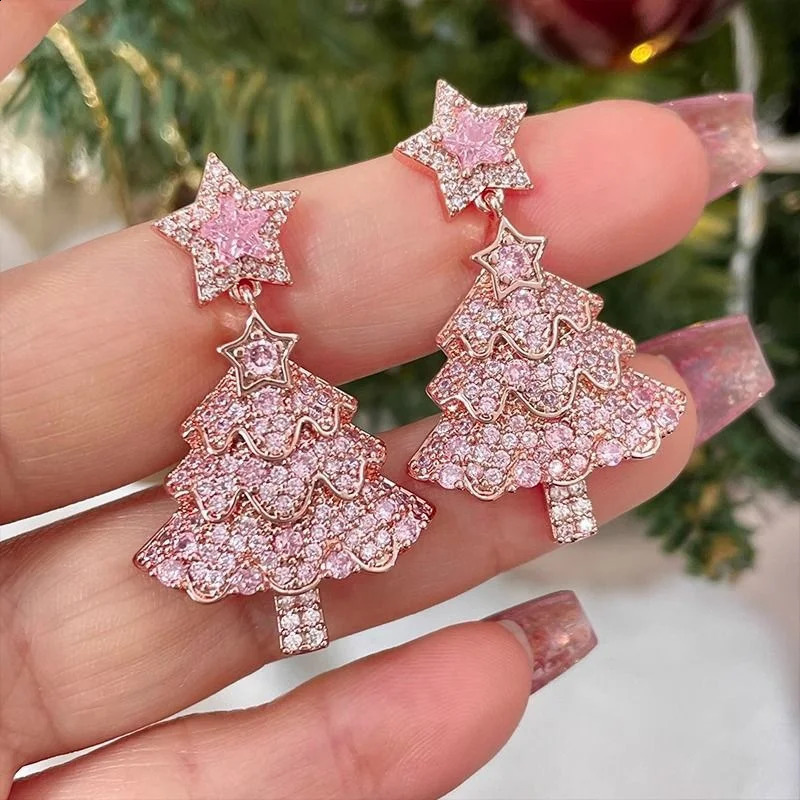 Sweet Pink Christmas Tree Earrings for Women Light Sparkling Zircon Dangle Earring Xmas Holiday Party Jewelry 240914