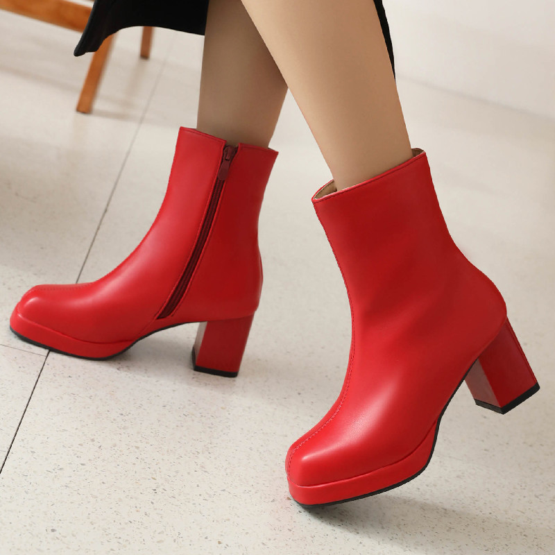 Ankle Candy Boots Women Elegant Block Heels Short Boot Black Red White Autumn Winter Party Shoes Lady Large Size 48 Brand c422