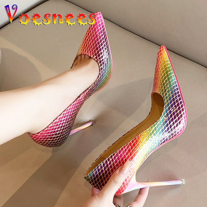Lattice Design Fashion Women Shoe Graduated Color Sexy Thin Heels Pumps Temptation Pointy Temperament Single Shoes Wedding Dress