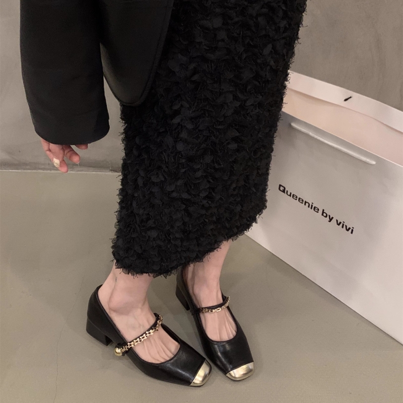 Simple square head thick temperament single 2024 spring fashion patchwork with New skirt shoes