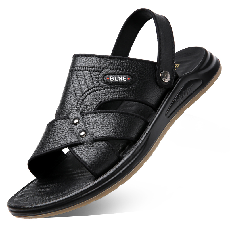 Men Sandals Genuine Leather Men Shoes 2024 Summer New Size Men's Sandals Fashion Comfortable Beach Sandals Slippers Black