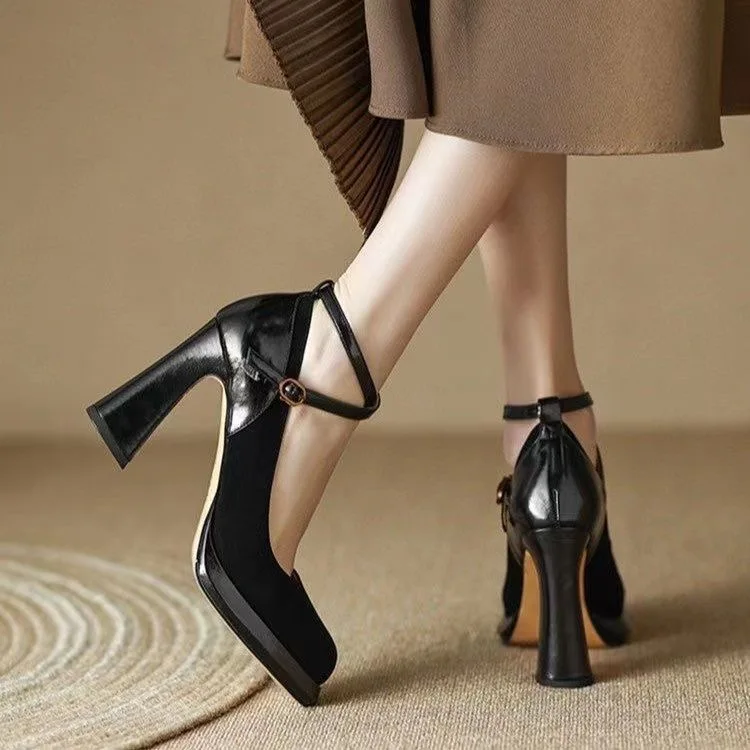 New Vintage Super High Heels New Women Ankle Buckle Platform Pumps Woman Round Toe Chunky Heeled Shoes 8143