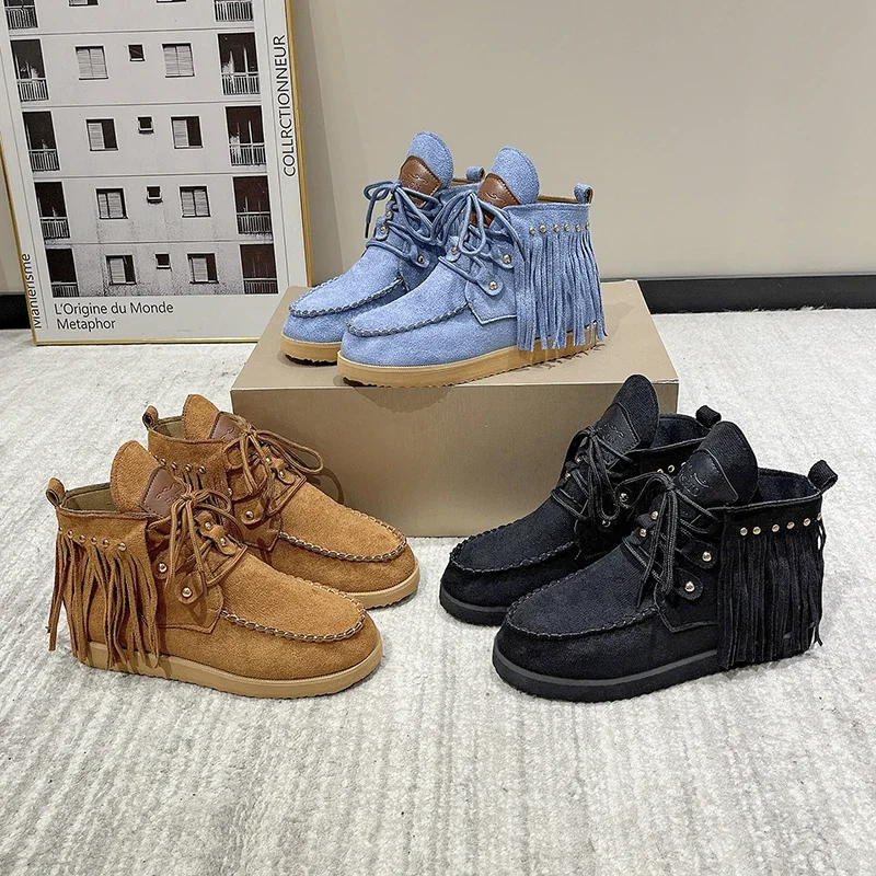 Vintage Tassel Lace-up Ankle for Women Autumn Winter Pointed Toe Cowgirl Woman Suede Western Cowboy Boots 222f