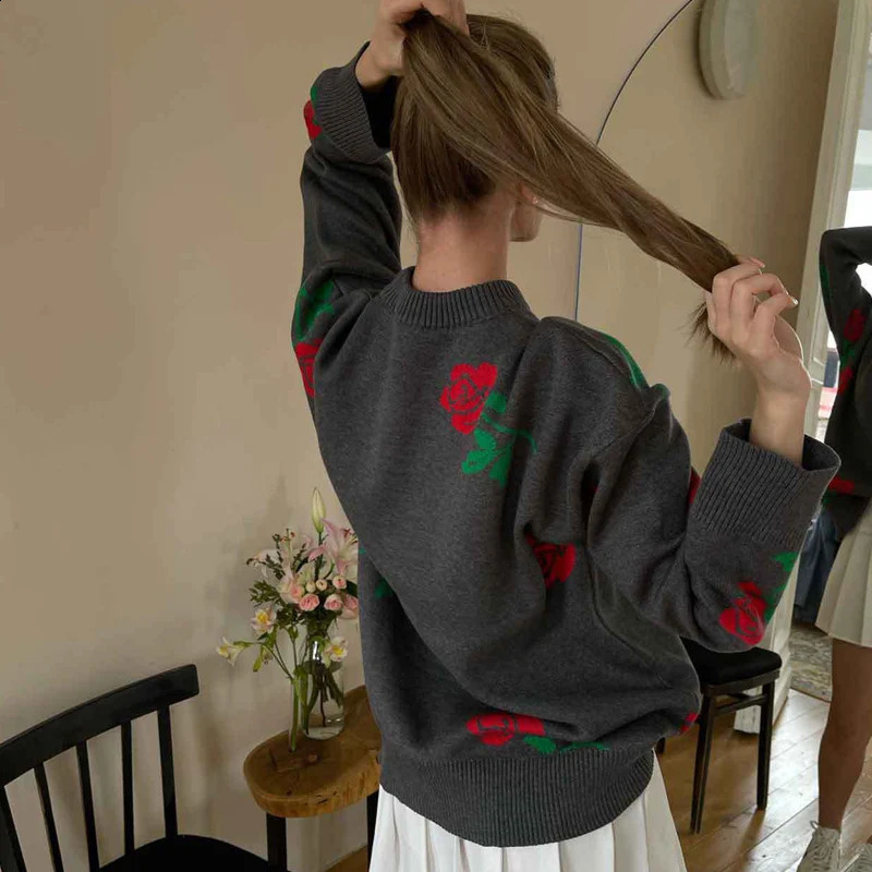 MSCSZ Vintage Floral Sweater Women Fashion Loose Knitted Jumper O-Neck Long Sleeve Pullover Knitwear Winter Clothes Women 2024 240904