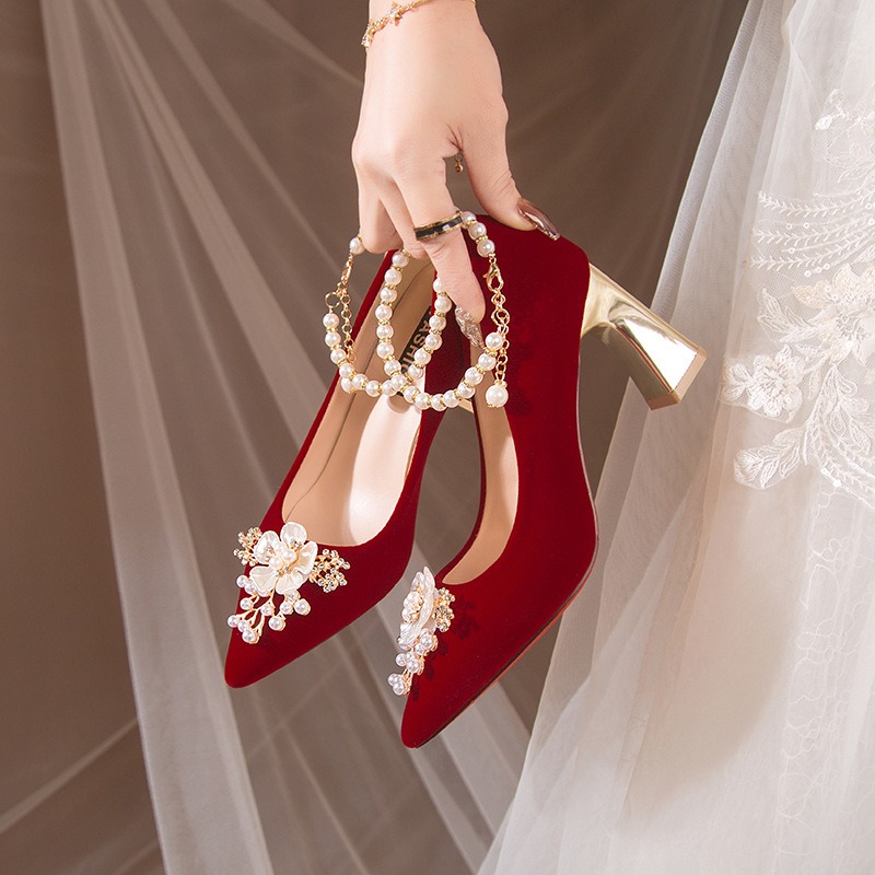 2025 new Pearl Women High Heels Pumps Pointed Toe Stilettos Femme Sexy Ladies Wedding Red Shoes 43e0