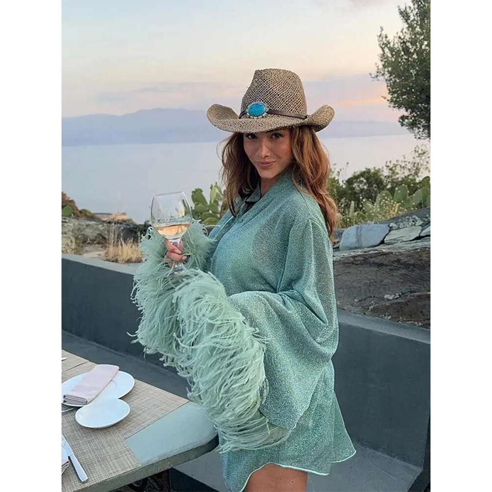 Glitter Feather Patchwork Single-Breasted Shirt For Women Chic Stand Collar Long Sleeve Loose Top 2024 Lady Holiday Beach Shirts