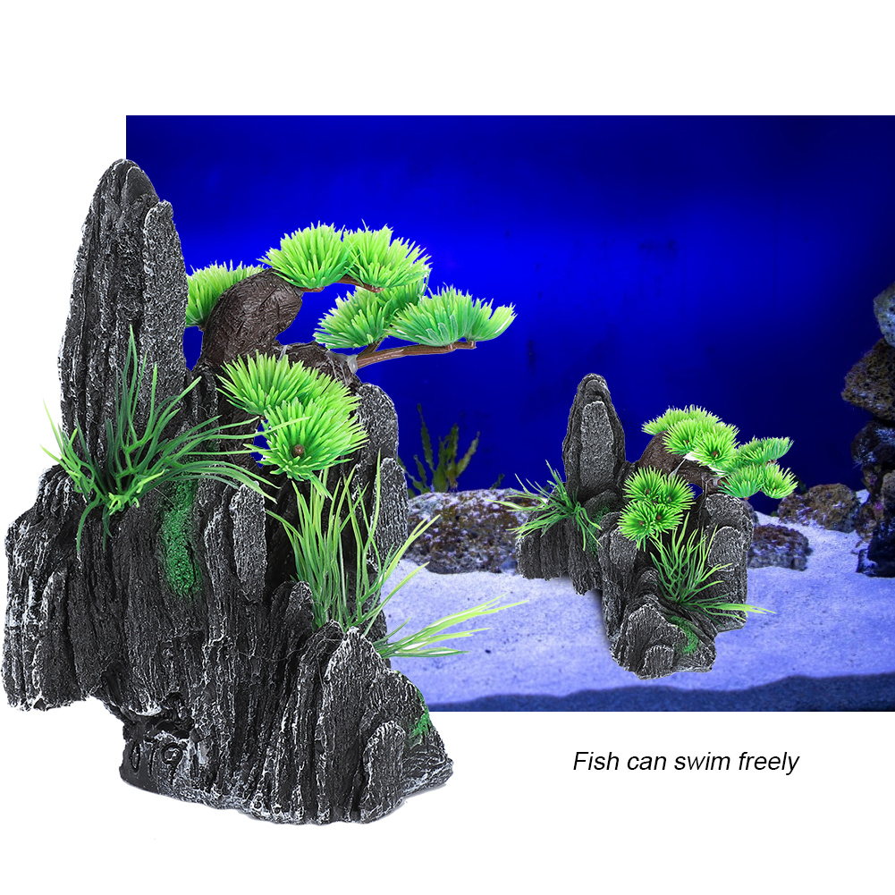 Aquarium Mountain View Stone Ornament, Fish Tank Decoration, Small Plants
