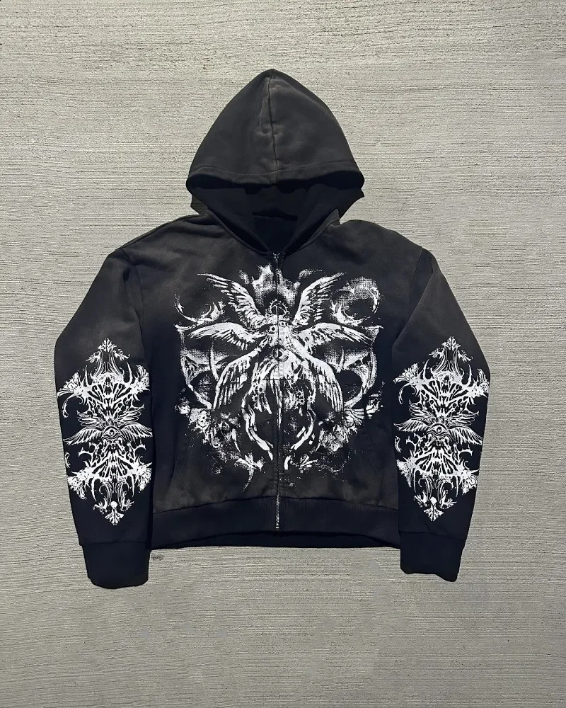 American Devil Cartoon Letter Print Oversized Hoodie Mens Y2K Streetwear Retro Loose Casual Versatile Zipper Sweatshirt Womens 240913