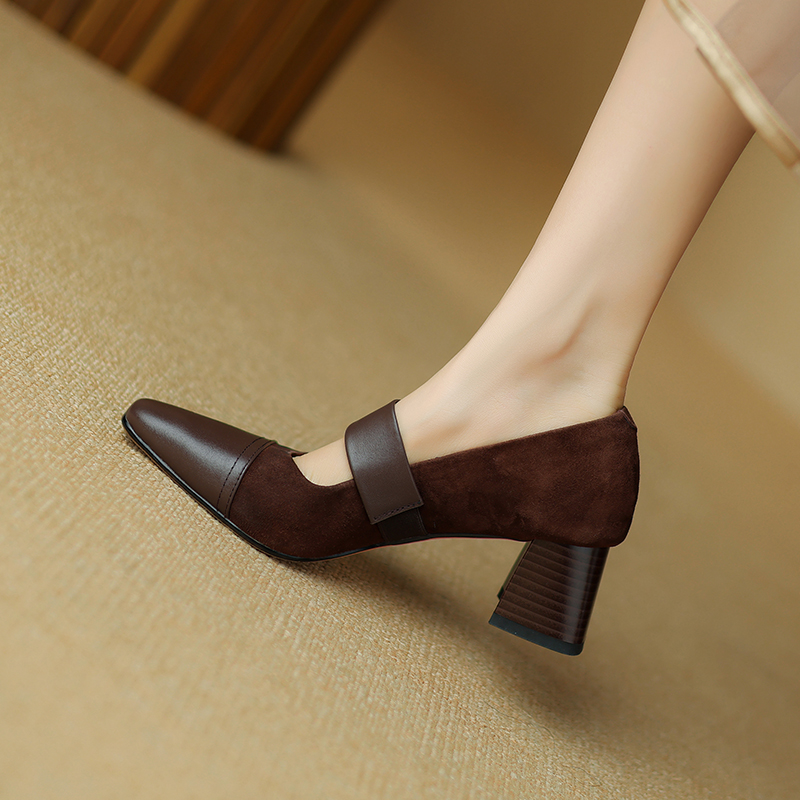 2024 Spring Mary Janes Pointed Toe Chunky Heel Pumps Kid Suede Shoes for Women Elegant Med Buckle Heels 9cee 5192