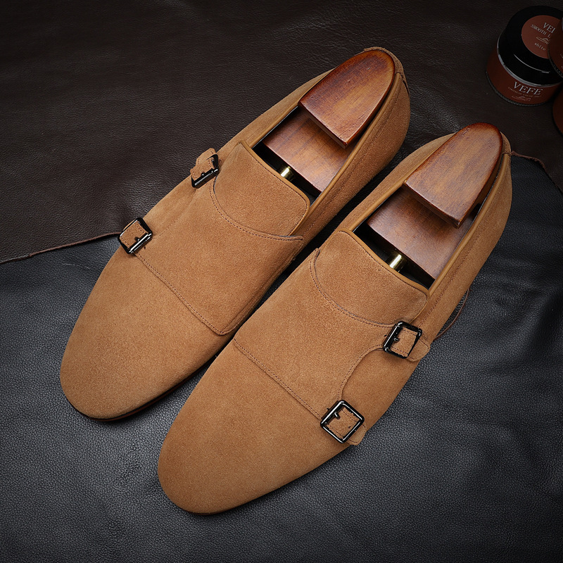 New Cow Suede Double Buckle Monk Shoes Yellow Breathable Men Casual Shoes Handmade Zapatos De Hombre Men Shoes