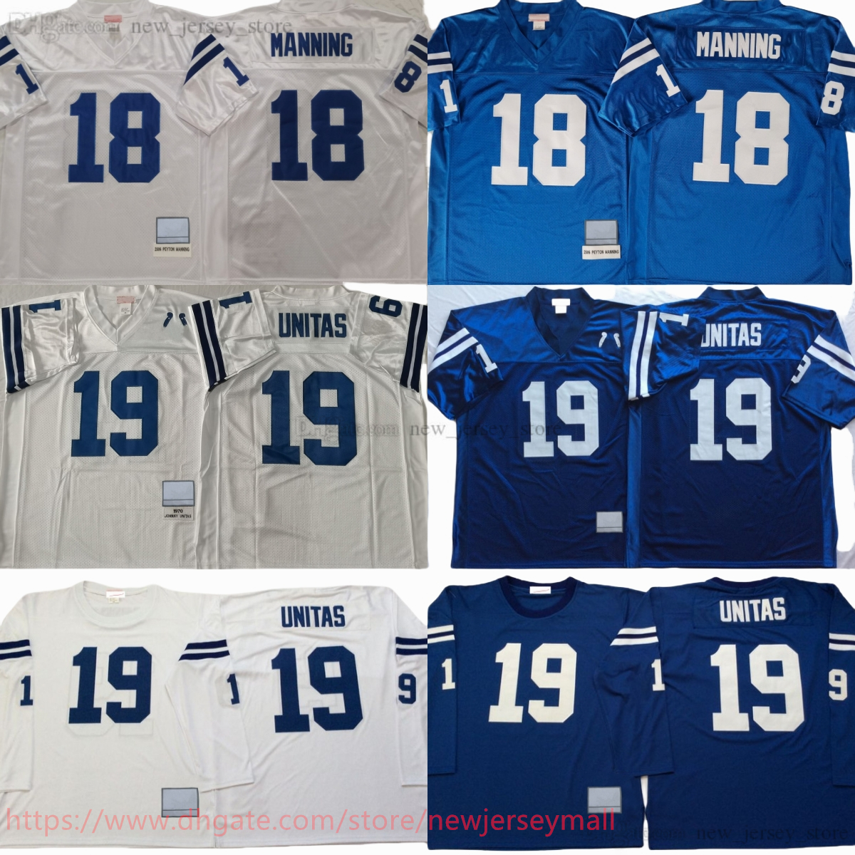 College 1970 Throwback Football 19 Johnny Unitas Jersey Stitched Vintage 18 Peyton Manning Jersey Retro Breathable Sport Blue White 2006