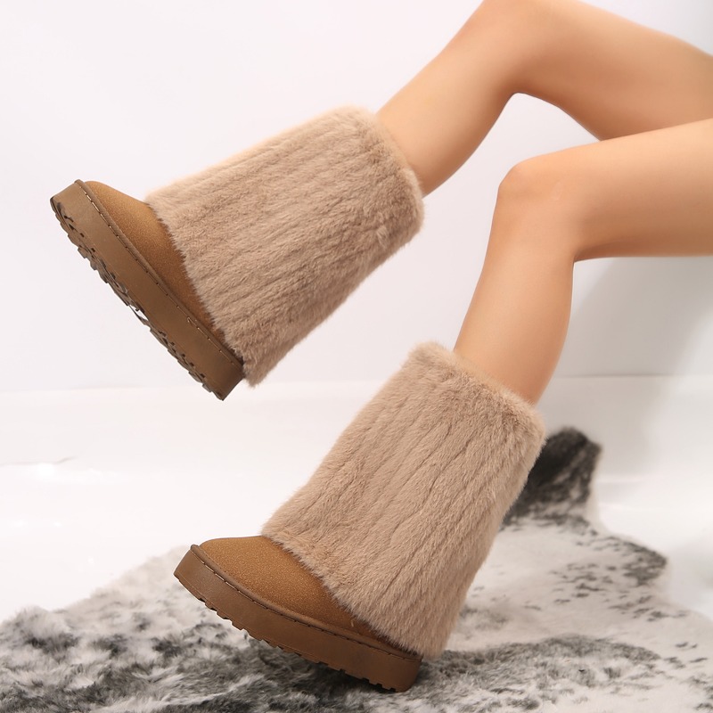 New Shoes for Women New Slip on Women's Boots Winter Round Toe Solid Flock Plush Warm Mid Heel Water Proof Casual Snow Boots