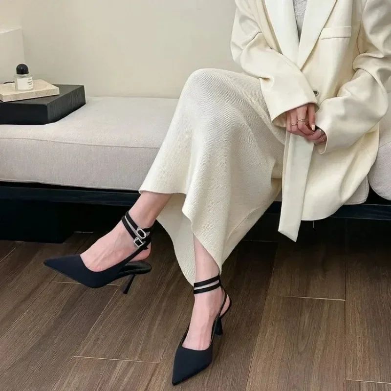 High Quality Sgbac Heels Pumps Women New 2024 New Pointed Toe Thin Heeled Party Shoes Woman Solid Color Ankle Buckle Summer Sandals B7d0