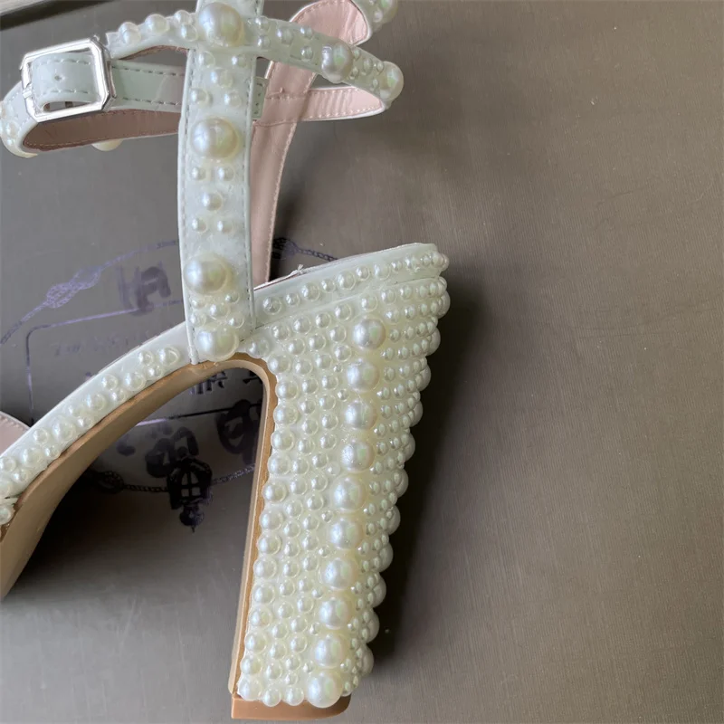 Fully Handmade Pearl Thick Heeled Fish Mouth Sandals Wedding Bride Banquet Fashion Waterproof Platform High Heel Women's Shoes