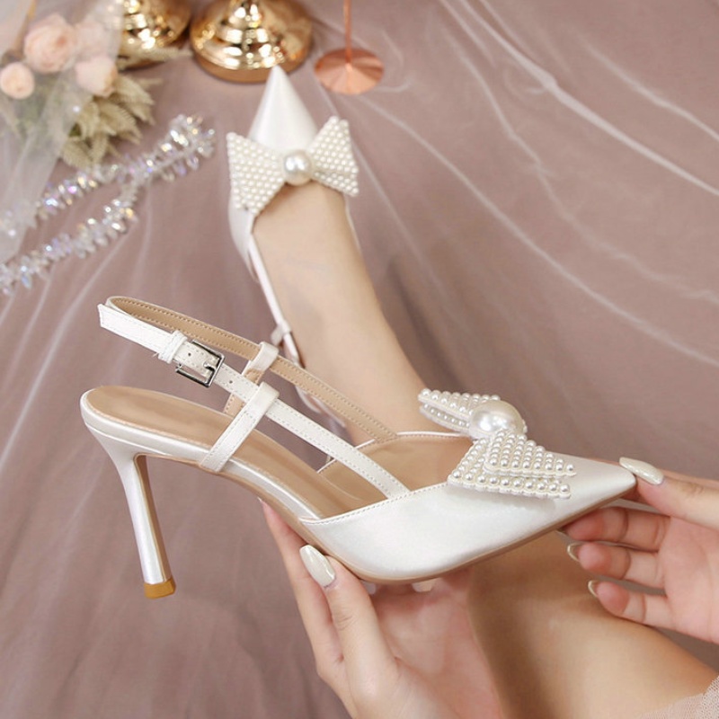 French Wedding Shoes Women 2024 New White Bridesmaid Shoes Bow High Heels Elegance Sandals
