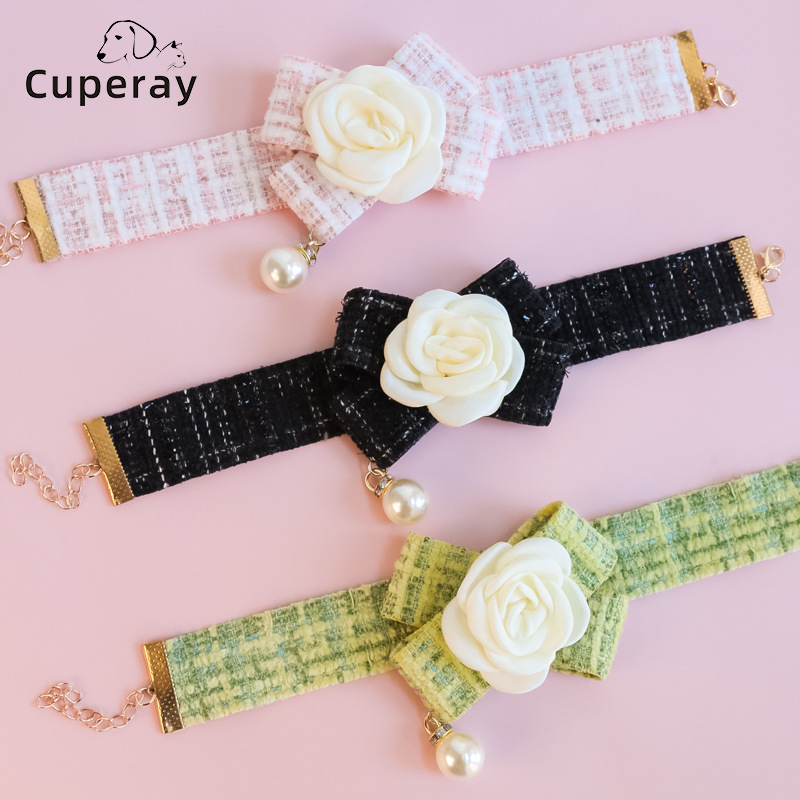 Adjustable Cat Collar,Pet Collars Small Cat Dog Ornament Lace Bow Knot Pearl Scent Rose Ornament Cat Collar for Cats and Puppies