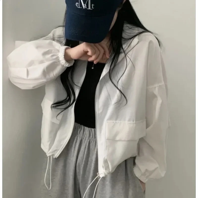 Springsummer Thin Sun Protection Windproof Retro Versatile Workwear Drawstring Cropped Baseball Jacket Top Coat Trendy 240914