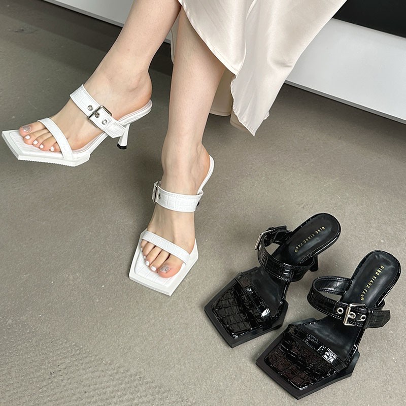 2025 new Pumps Female Slides Footwear Metal Buckle Women New In Fashion Square Toe Ladies High Heels Shoes Slippers ad65