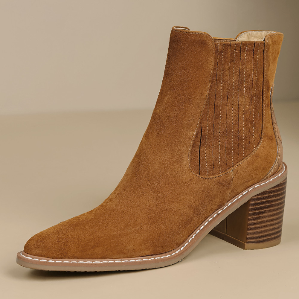 danxuefei women's natural suede leather autumn ankle boots 6cm thick high heel pointed toe slip-on OL style short booties shoes