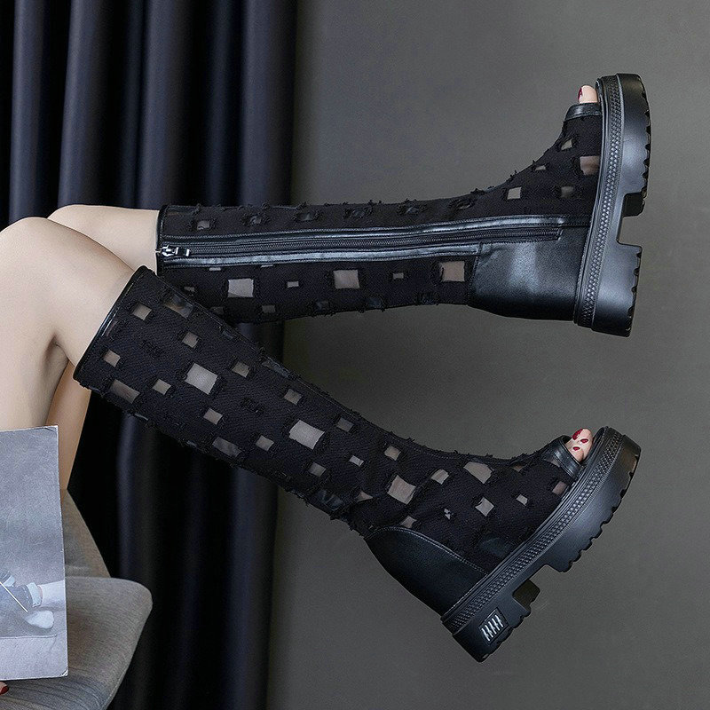 Summer 2024 Ripped Canvas Hollowed Out Fish Mouth Knee-High Thinning Inside Heightening Women Cool Boots 3815