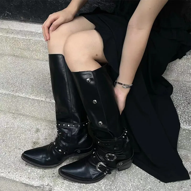 Women High-heeled Pointed Toe Long Boots for Woman Sexy Punk Gothic Knee High Boot Retro Cowboy Knight Botas Altas Mujer cbf8