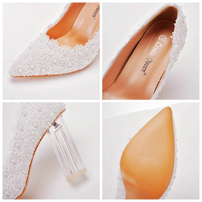 2025 new Shallow 7cm Mouth Crystal Transparent Thick Heel White Lace Pointed Head Large Size Wedding Bridesmaid Shoes Party 11f6