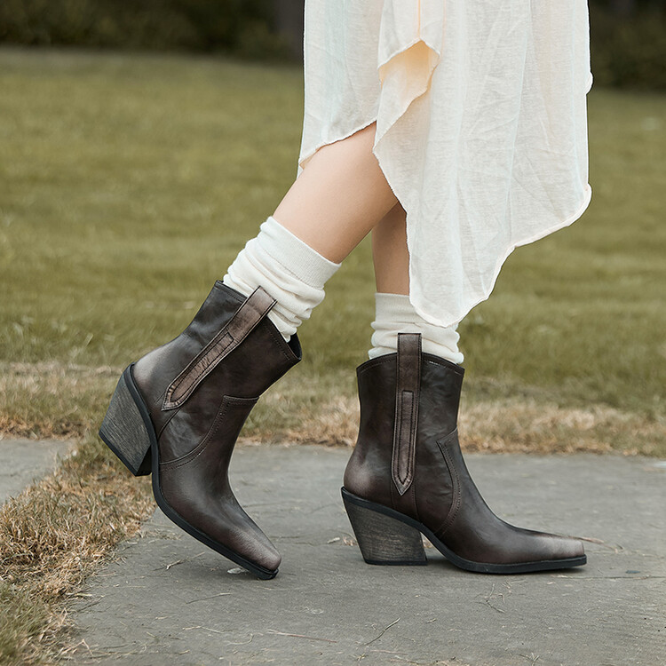 Autumn NEW Split Leather for Women Pointed Toe Chunky Heel Shoes Slip-on Ankle Retro Brown Western Boots c5b6