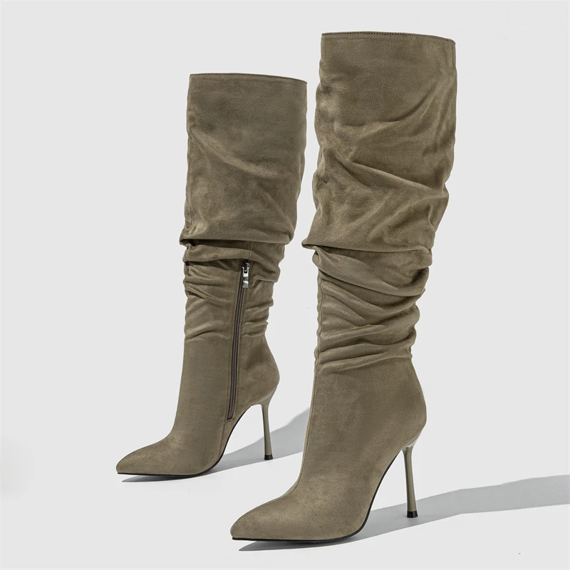 Eilyken Fashion Pleated Denim Women Knee-High Boots Zipper Shoes Autumn Winter Pointed Toe Thin Heels Booties atos Mujer