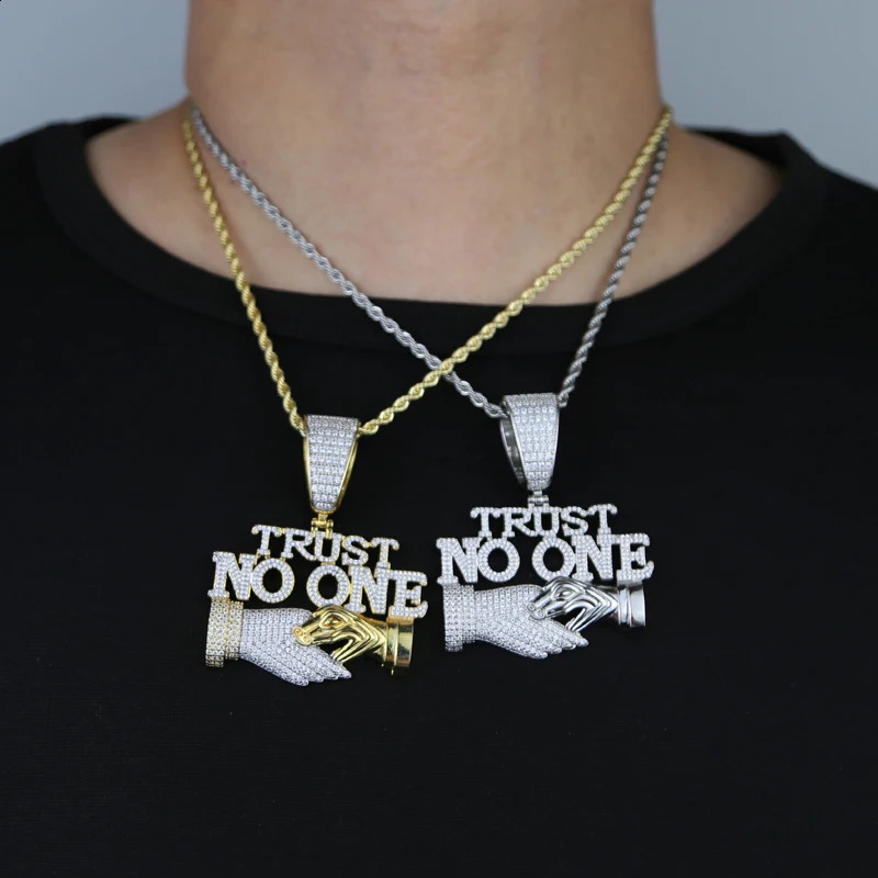 Iced Out Bling Letters No One Pendant Necklace Two tone Color CZ Zircon Swing Arm Charm Mens Hip Hop Jewelry 240912