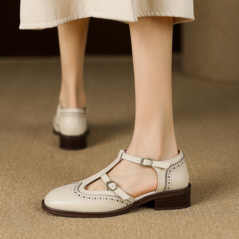Summer NEW Sandals Genuine Leather for New Women Round Chunky Toe Brogue Cover Heel Black Shoes 8767