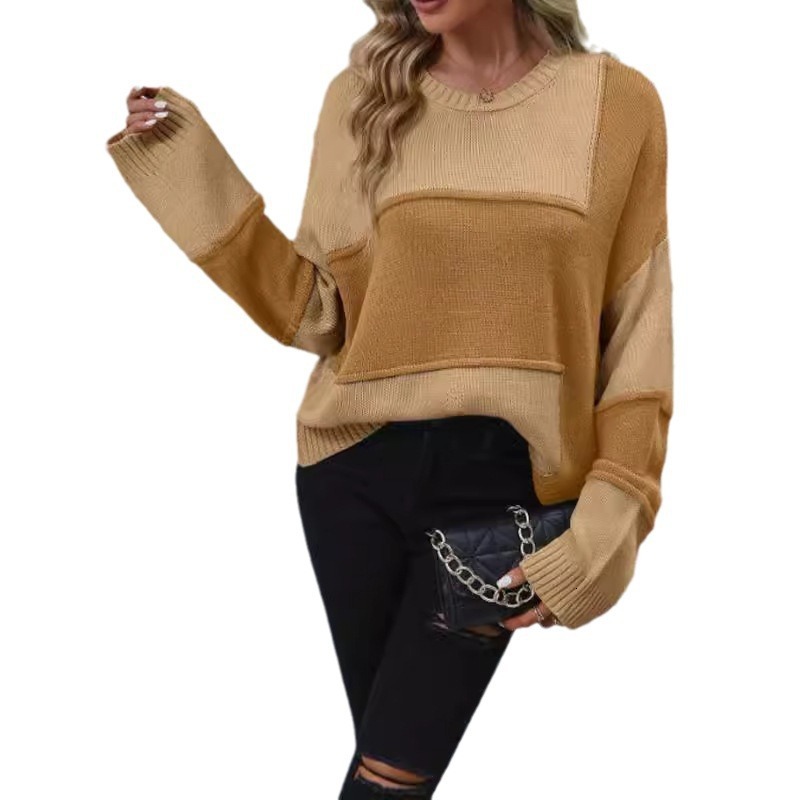 dongdumaoyi New autumn and winter pullover round neck long sleeved knitted sweater fashionable color blocked loose sweater F0914#42