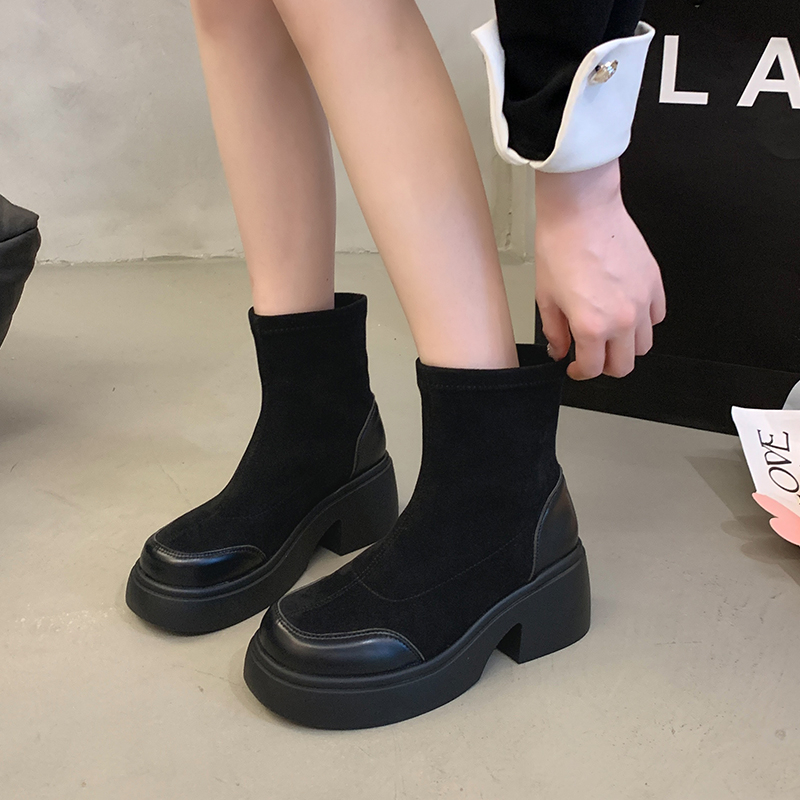 Lady Shoes Boots Clogs Platform Winter Footwear Boots-Women Round Toe High Heel Rock Lolita 2023 Autumn Ankle Rubber Solid Cott 6486 -Women