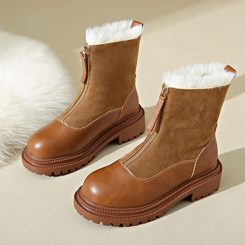 Women's Suede hot Platform Ankle Boots - Warm Plush Winter Shoes, Round Toe Fur, Brown Casual Goth Botas Feminina