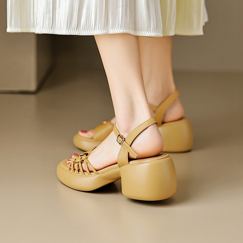 Woman Summer Split Leather for Women Round High Open Toe Chunky Heel Sandals Casual Platform Shoes f818 Platm