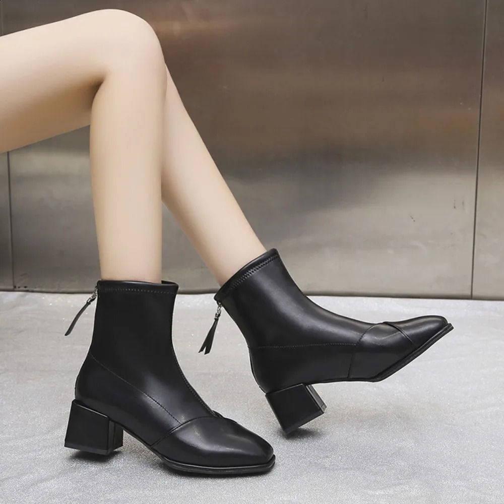 Thick Heel Boots High Short Women Fall Korean Version All-match Square Toe Winter Fashion Short Boots 240904