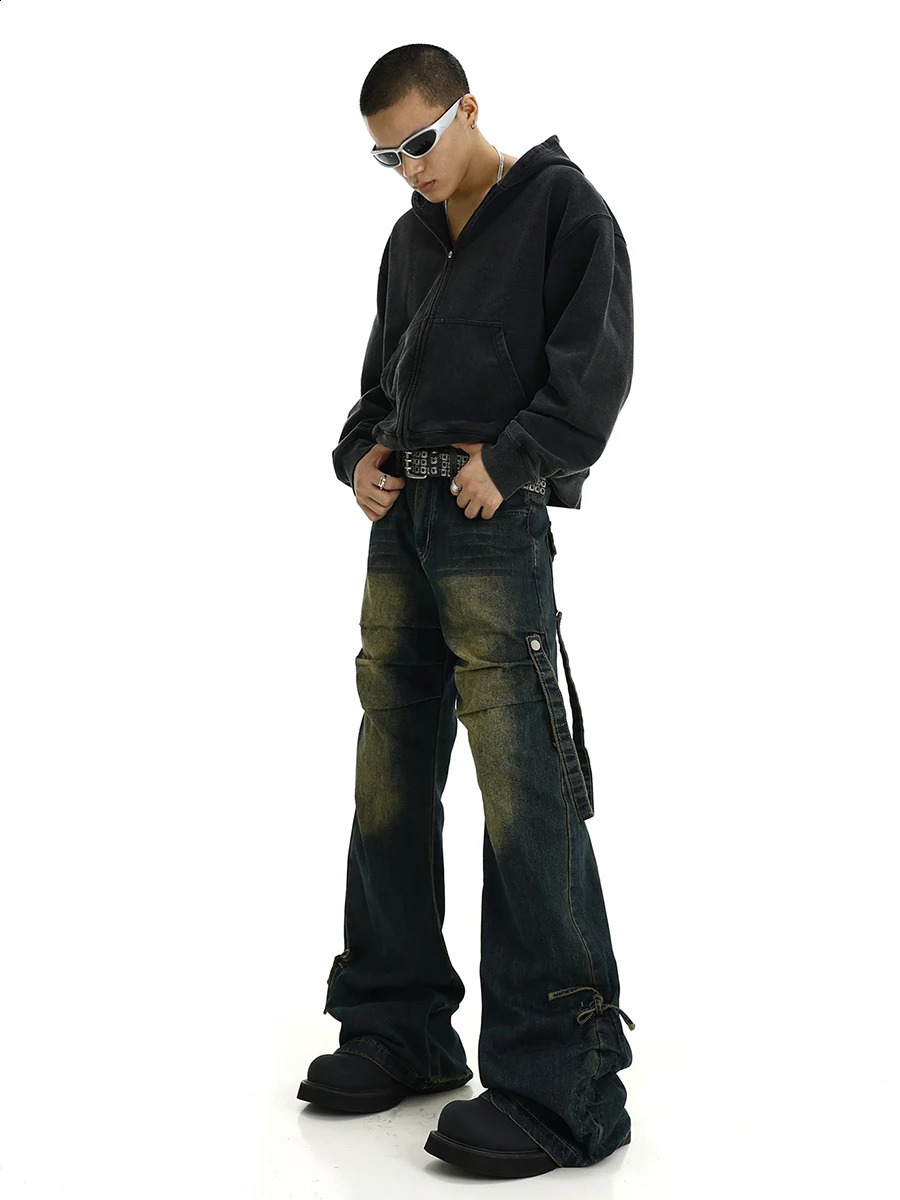 REDDACHiC Drawstring Stacked Flare Jeans Men Belt Deconstructed Whiskers Pleated Casual Wide Leg Bootcut Pants Hiphop Streetwear 240912