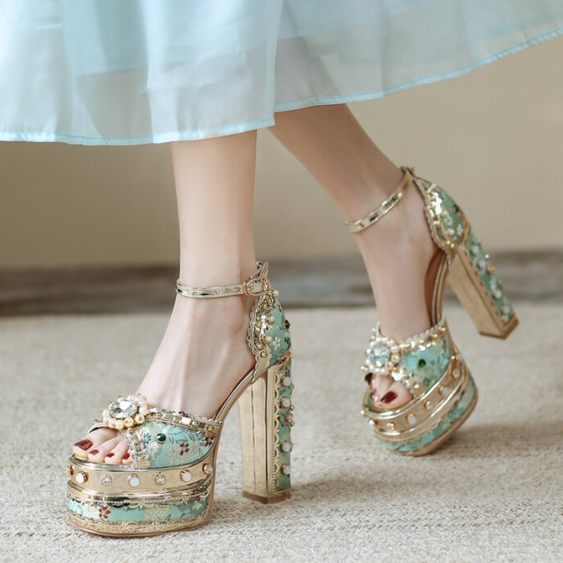 Luxury Pearl Rhinestone Design Sunflower Open Toe Sandals Retro Wedding Bride 14cm High Heels New Sexy Summer 34-43 Women Shoes