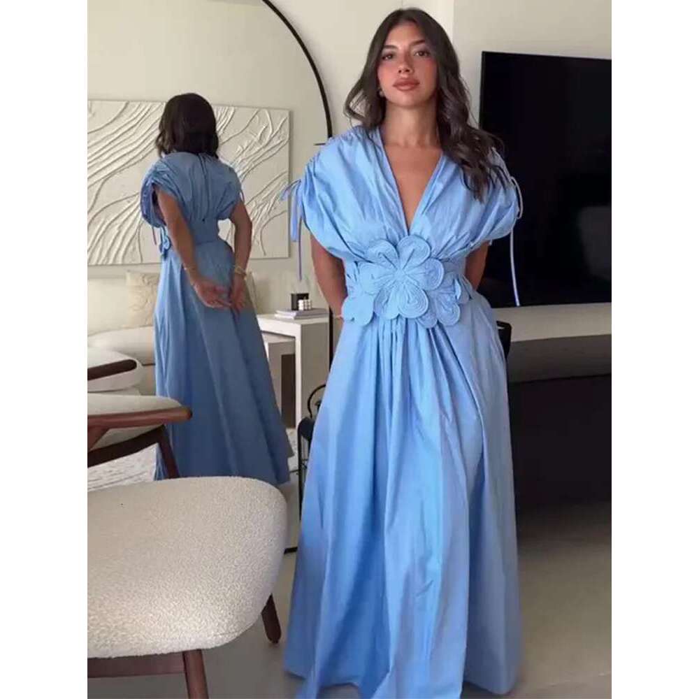 Chic Three-Dimensional Wer Drawstring Dress Women V-Neck Sleeveless High-Waisted Robe Lady Fashion Street Dresses