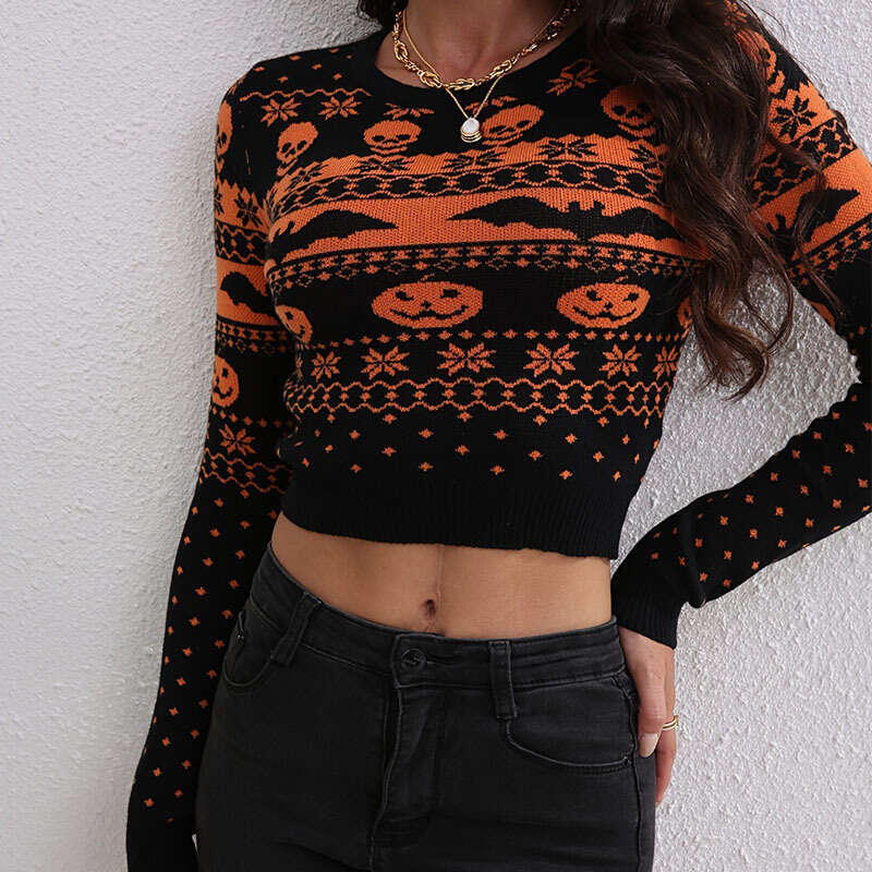 Autumn and winter women's Halloween contrasting jacquard sexy fashion round neck knitted sweater