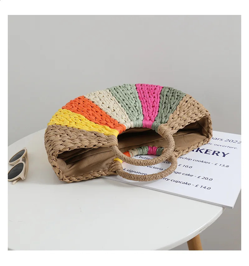 Rainbow colored grass bag summer semicircular handheld woven beach resort 240913