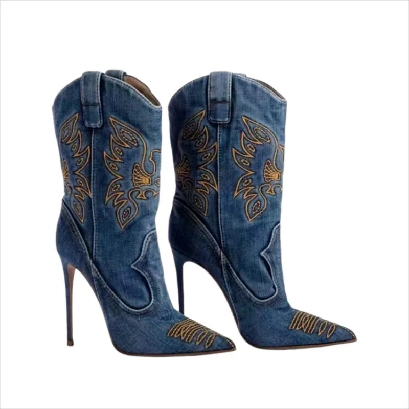 Embroidered Car Stitching 11cm High Heeled Pointed Western Cowboy Boots Women Denim Fashionable Spicy Girl Sexy Knight Boots 46