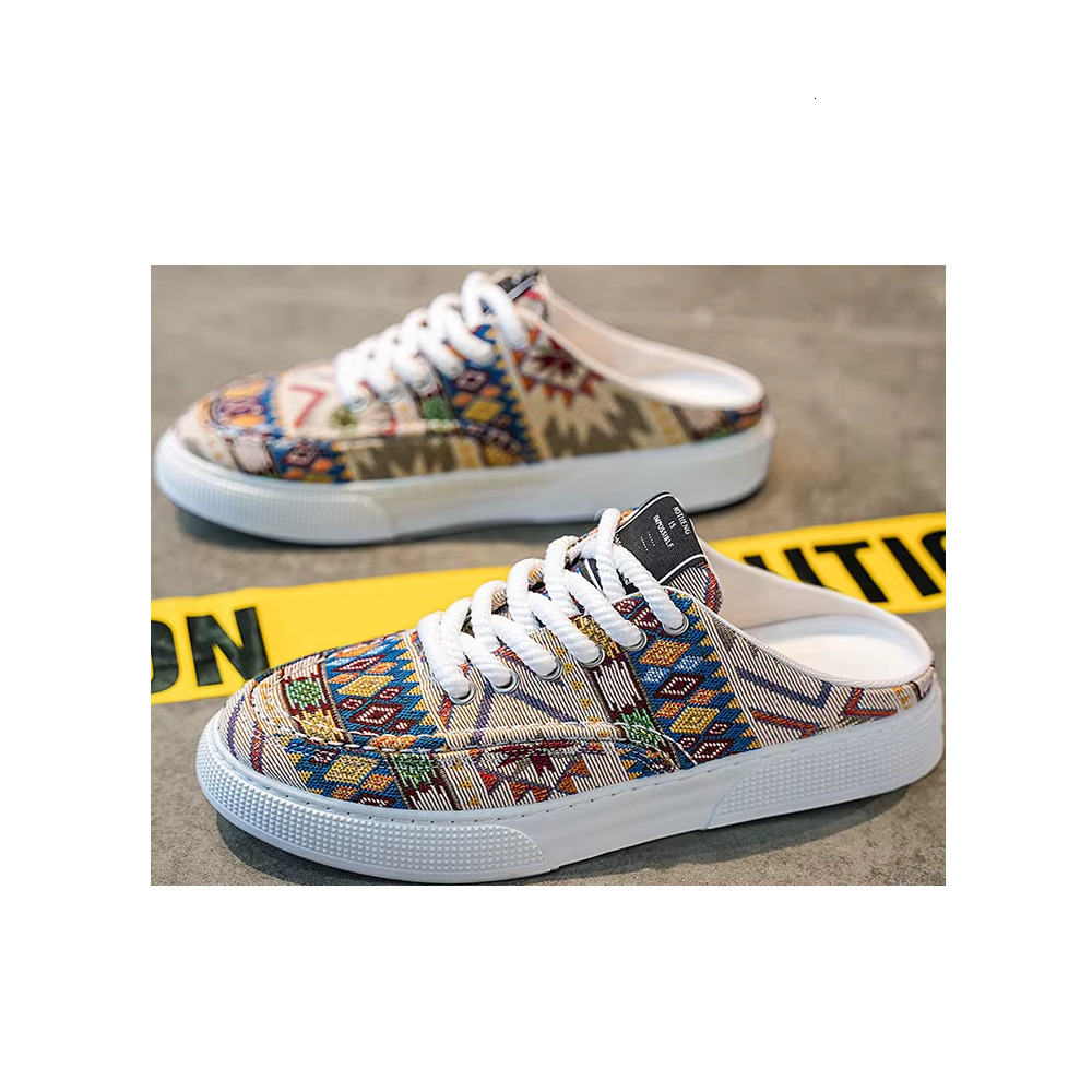 Summer New Trend Printed Canvas Young Casual Men's Board Shoes Half Slippers