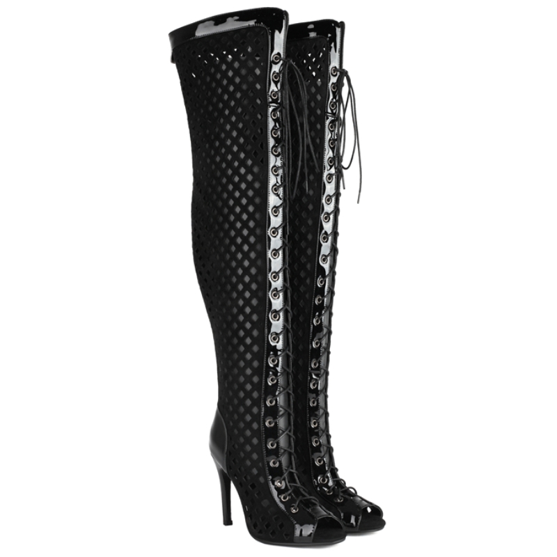Women' Over the Knee High Boot Sexy Summer Shoes 2024 Peep Toe Lace-up Hollow Night-club Dance Fetish Party Shoe Lady Large Size
