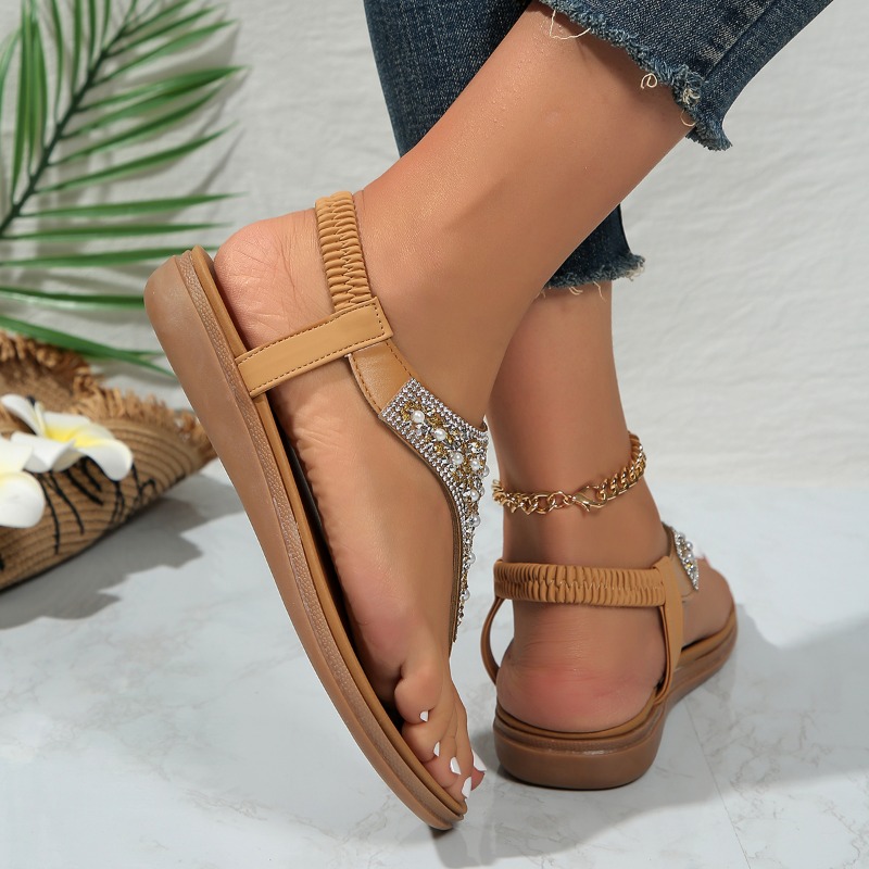 Summer New Flat Flat Pinch Toe Elastic Sequin Rhinestone Sandals Women's Fashion Casual Comfortable Women's Shoes Women Shoes